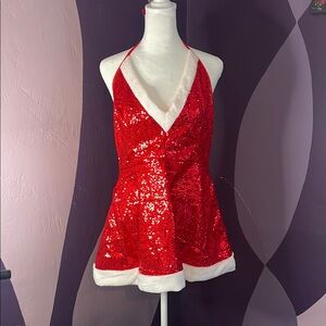 NWT Red Sequin Halter Dress with White Trim